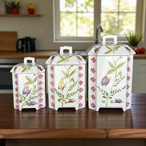 Casafina Handpainted Butterfly Porcelain Kitchen Jars Vintage Set of 3 Portugal
